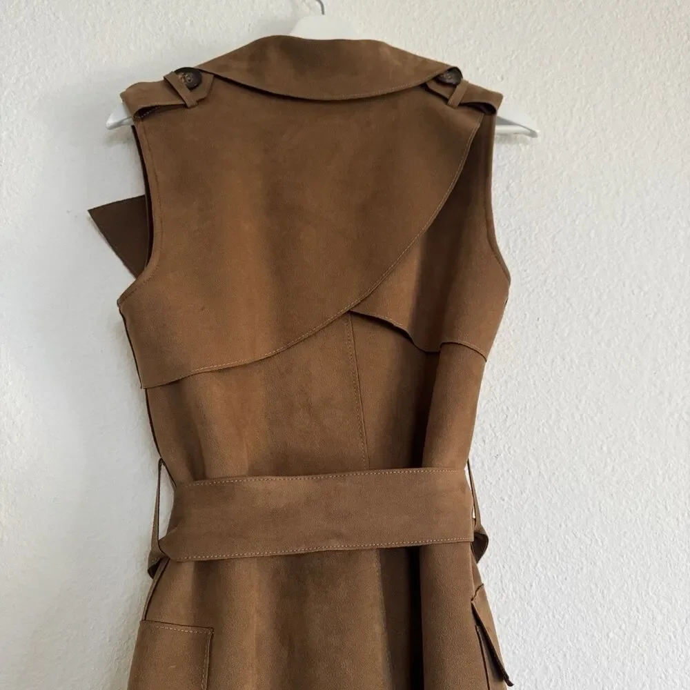 Love Token Long Trench Vest Waistcoat Sleeveless Duster Size XS Microsuede